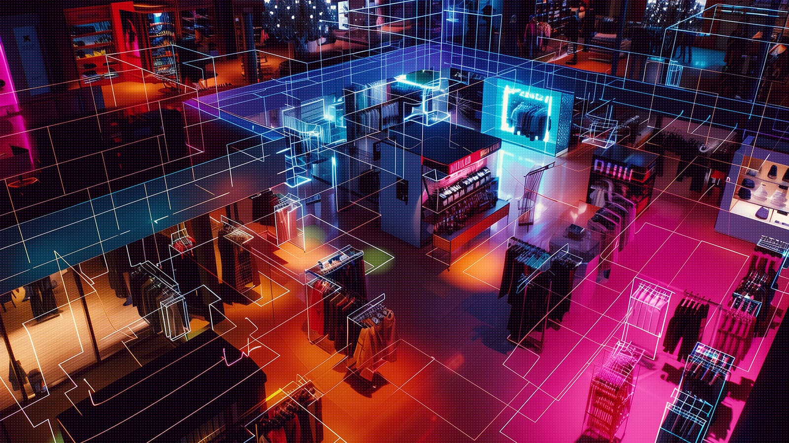 AI generated image from the prompt: an AI-powered, top-down 3D simulation tour of an optimized department store with a wireframe overlay, dramatic lighting --style raw --v 6.0 --ar 17:11 AI generated image from the prompt: an AI-powered, top-down 3D simulation tour of an optimized department store with a wireframe overlay, dramatic lighting --style raw --v 6.0 --ar 17:11