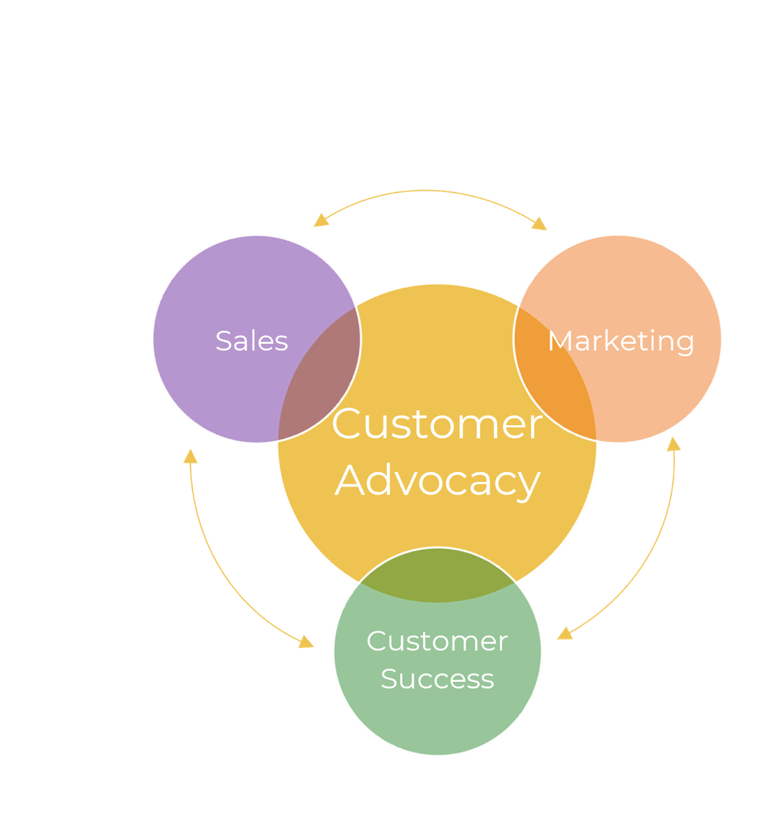 The image contains a picture to demonstrate the cycle of customer advocacy. The image has four circles, with one big circle in the middle and three circles surrounding with arrows pointing in both directions in between them. The middle circle is labelled customer advocacy. The three circles are labelled: sales, customer success, marketing.